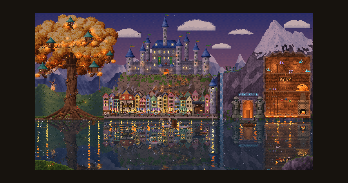 Hearthvale: a pixel-art fantasy kingdom with a golden tree, a castle on a rock and a lake