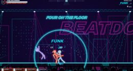 FOUR ON THE FLOOR banner over a neon fight with confetti and a shockwave