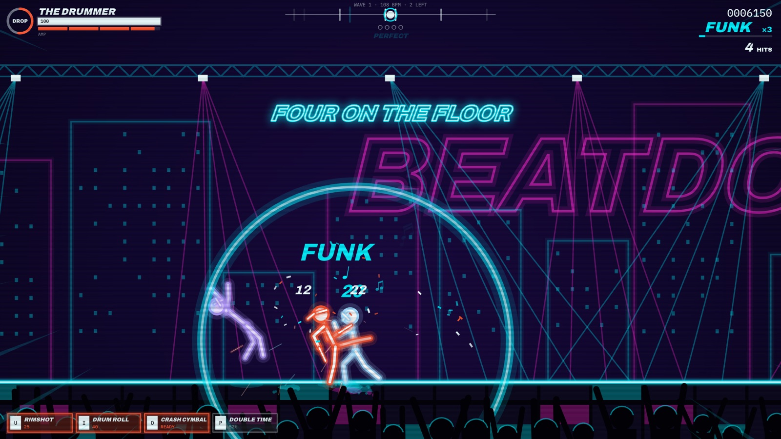 FOUR ON THE FLOOR banner over a neon fight with confetti and a shockwave